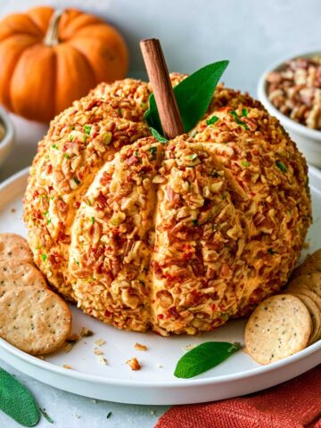 A pumpkin-shaped cheese ball coated with chopped pecans is served on a platter surrounded by crackers, apple slices, dried cranberries, and walnuts.