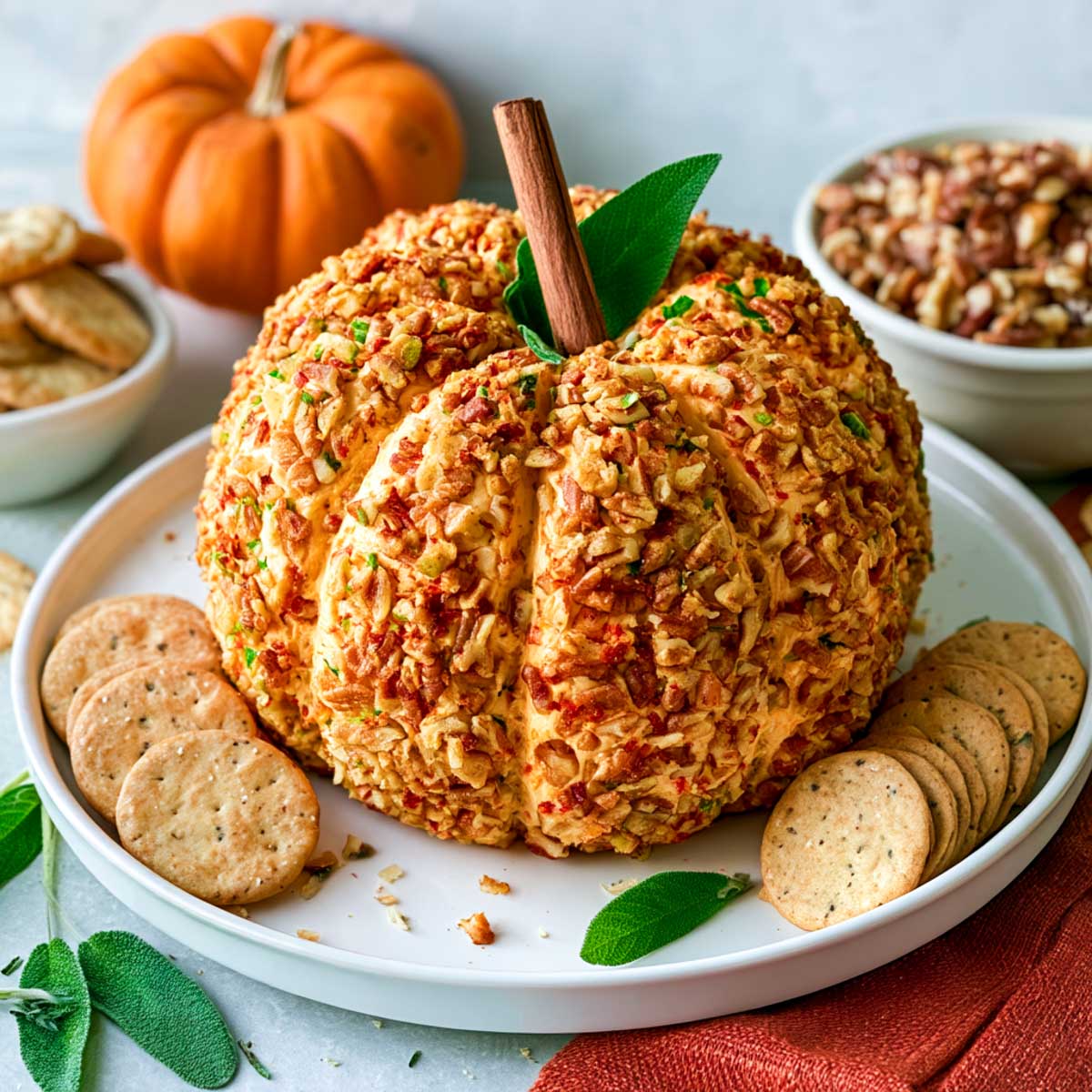 A pumpkin-shaped cheese ball coated with chopped pecans is served on a platter surrounded by crackers, apple slices, dried cranberries, and walnuts.