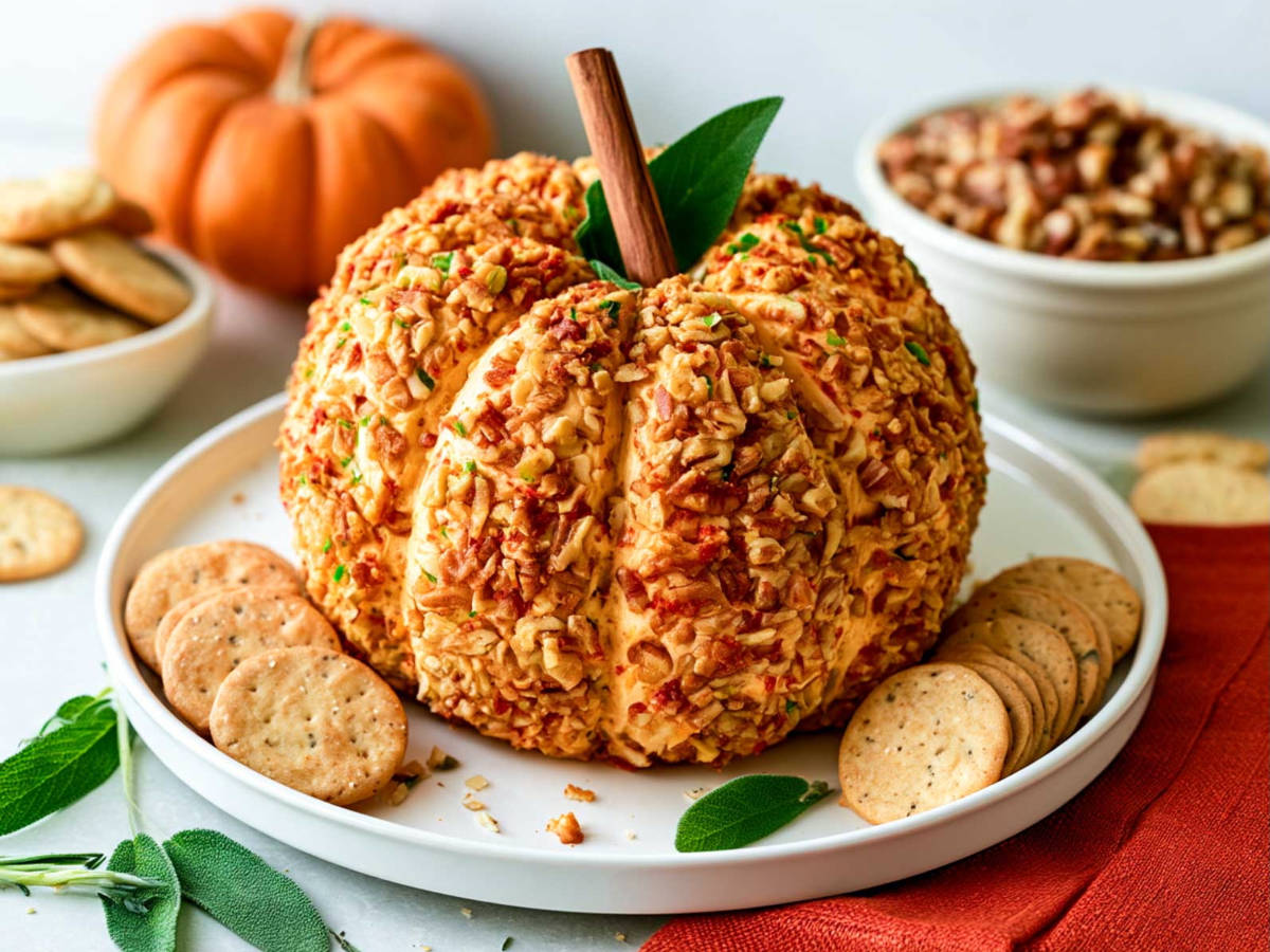 A pumpkin-shaped cheese ball covered in chopped pecans is displayed on a platter with crackers, apple slices, and fall decorations in the background.
