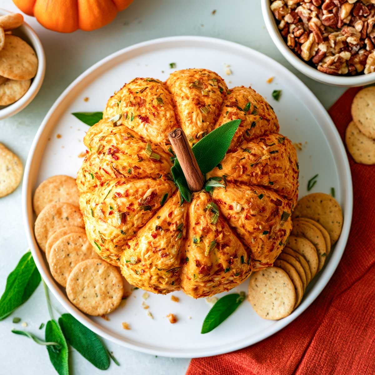 A top-down view shows a pumpkin-shaped cheese ball served on a white platter with crackers, fresh sage leaves, and fall-themed ingredients around it.