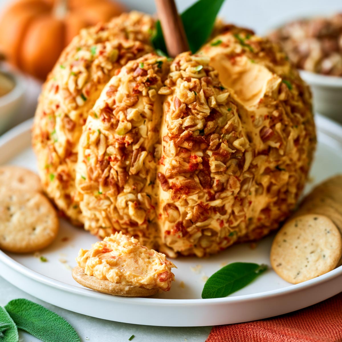 A pumpkin-shaped cheese ball has been partially scooped out, with a cracker topped with the creamy cheese mixture placed in front of it.