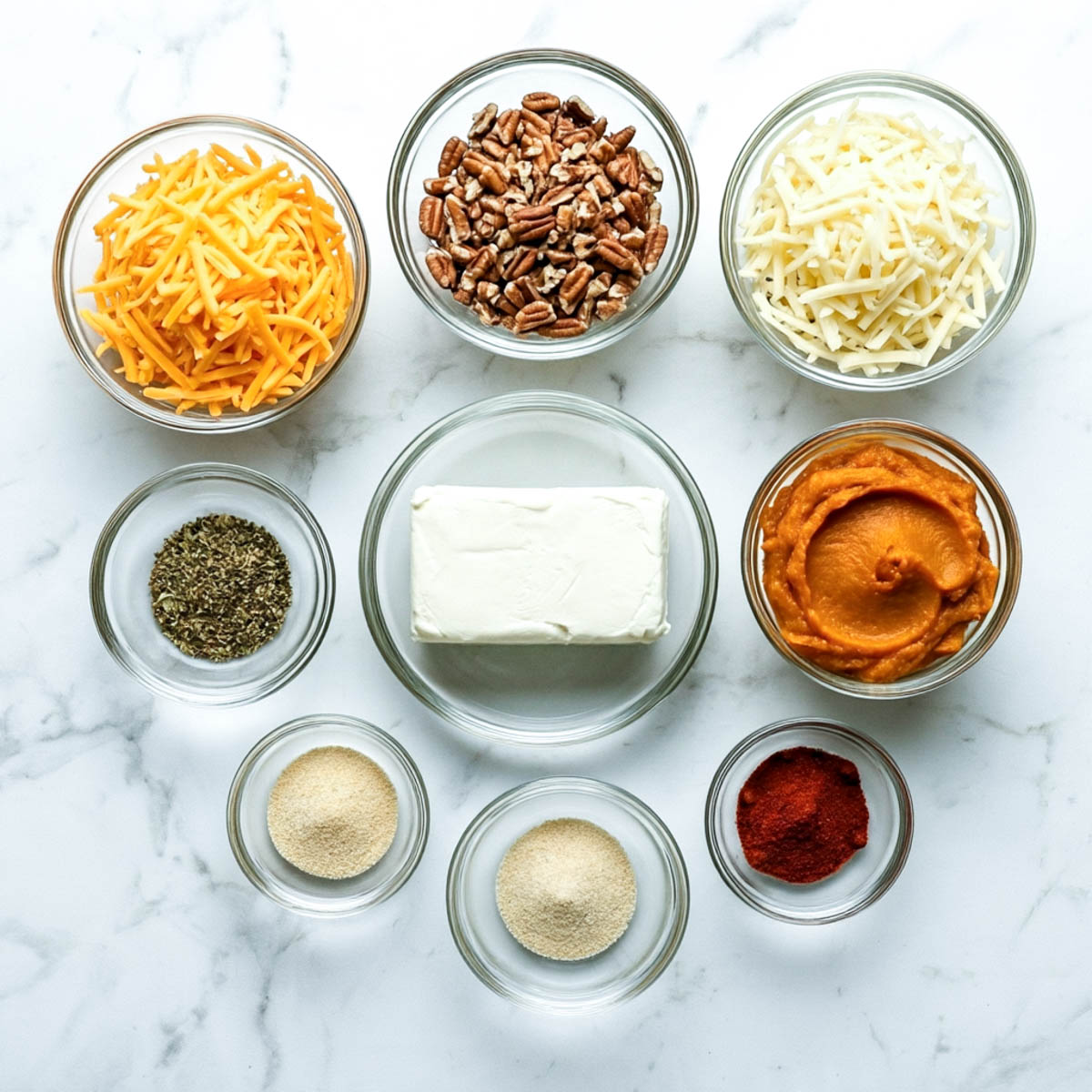 The ingredients for the pumpkin cheese ball are arranged in individual glass bowls on a white marble surface, including cheeses, pumpkin puree, chopped pecans, and seasonings.