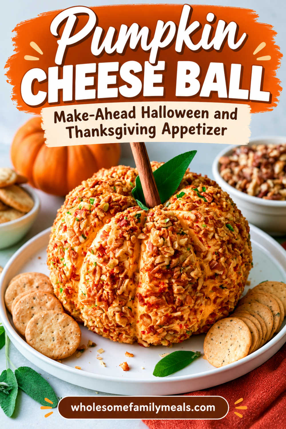 A Pinterest graphic features a close-up photo of a pumpkin cheese ball with the text “Pumpkin Cheese Ball” and “Make-Ahead Halloween and Thanksgiving Appetizer”.