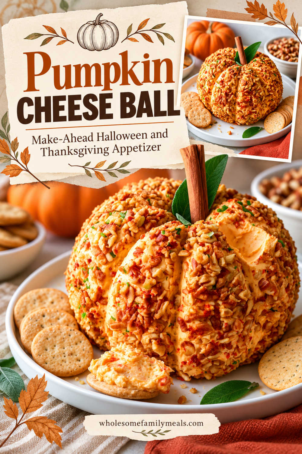 A Pinterest graphic features a pumpkin cheese ball with a portion spread onto a cracker and the text “Pumpkin Cheese Ball” and “Make-Ahead Halloween and Thanksgiving Appetizer.”