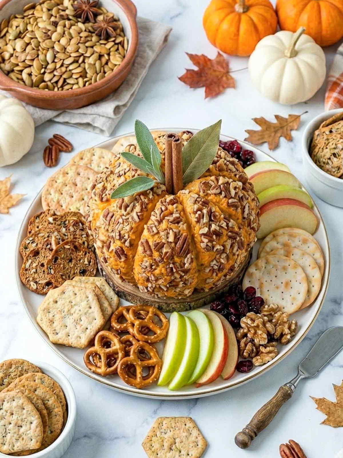 Pumpkin cheese ball with a chunky pecan coating and cinnamon stick, sage, and bay leaf stem, styled with fall pumpkins and crackers.