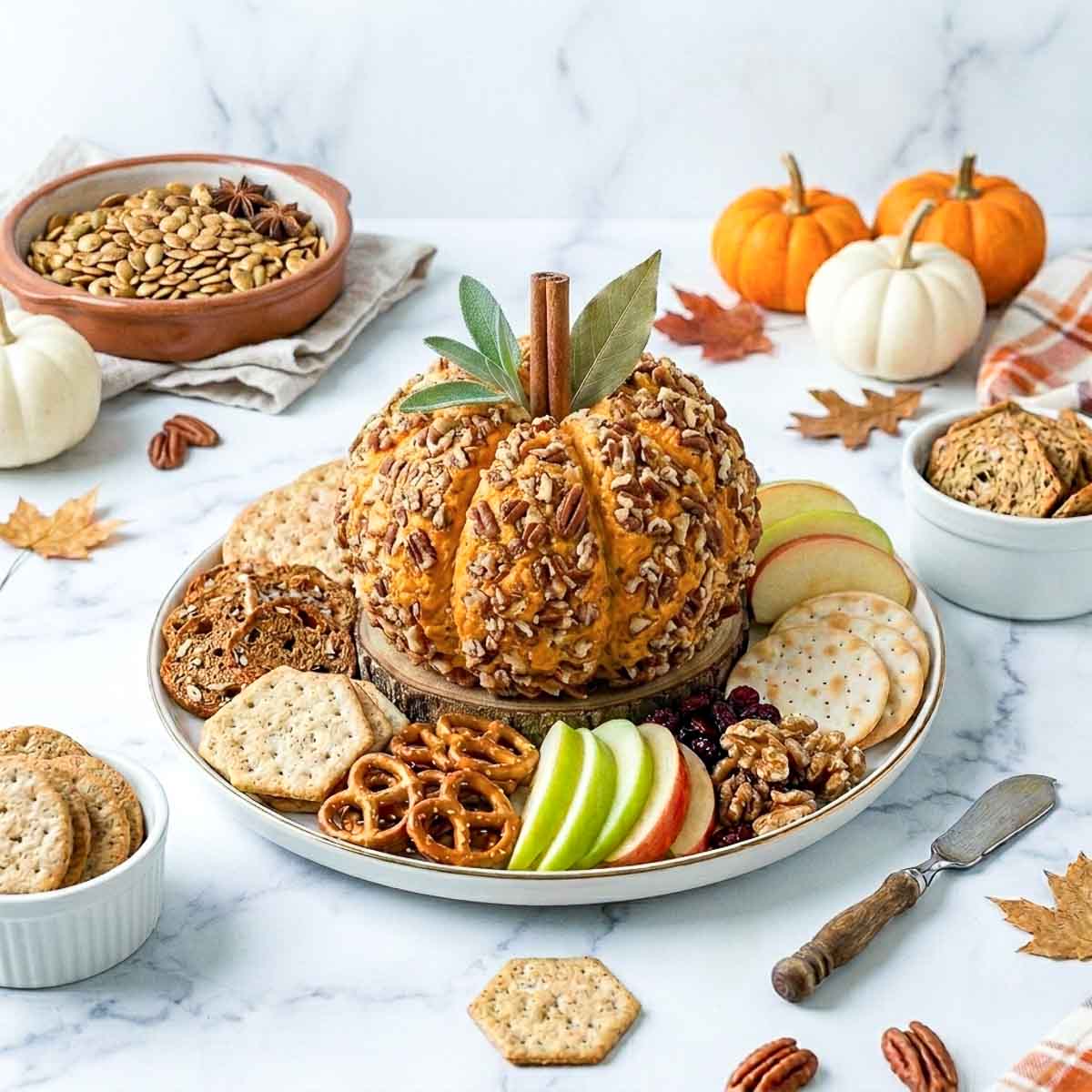 Pecan-coated pumpkin cheese ball on a serving platter with crackers, pretzels, apple slices, and fall decorations.