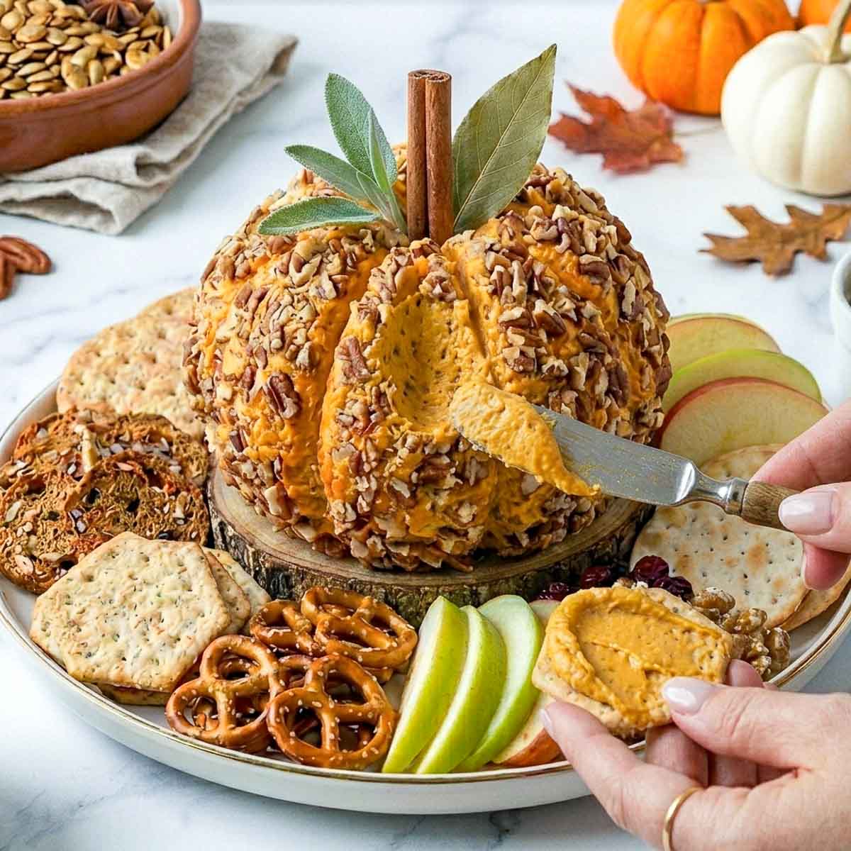 Woman spreading creamy pumpkin cheese ball onto a cracker with a cheese knife.