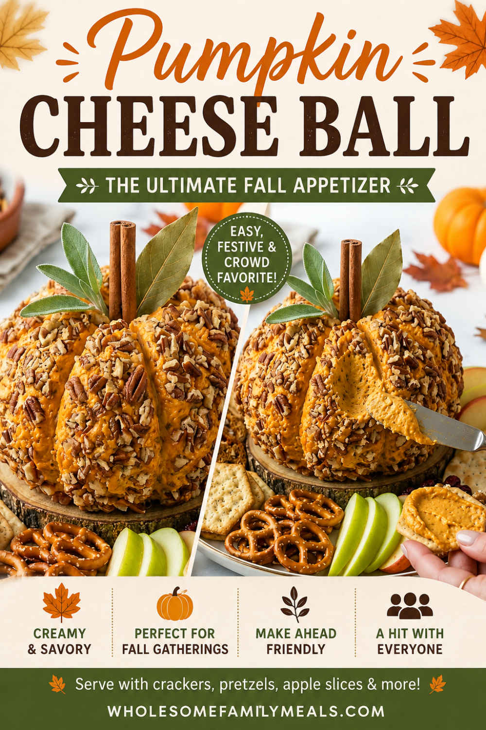 Festive pumpkin-shaped cheese ball covered in chopped pecans and served with crackers, pretzels, apple slices, walnuts, and dried cranberries on a fall appetizer platter.