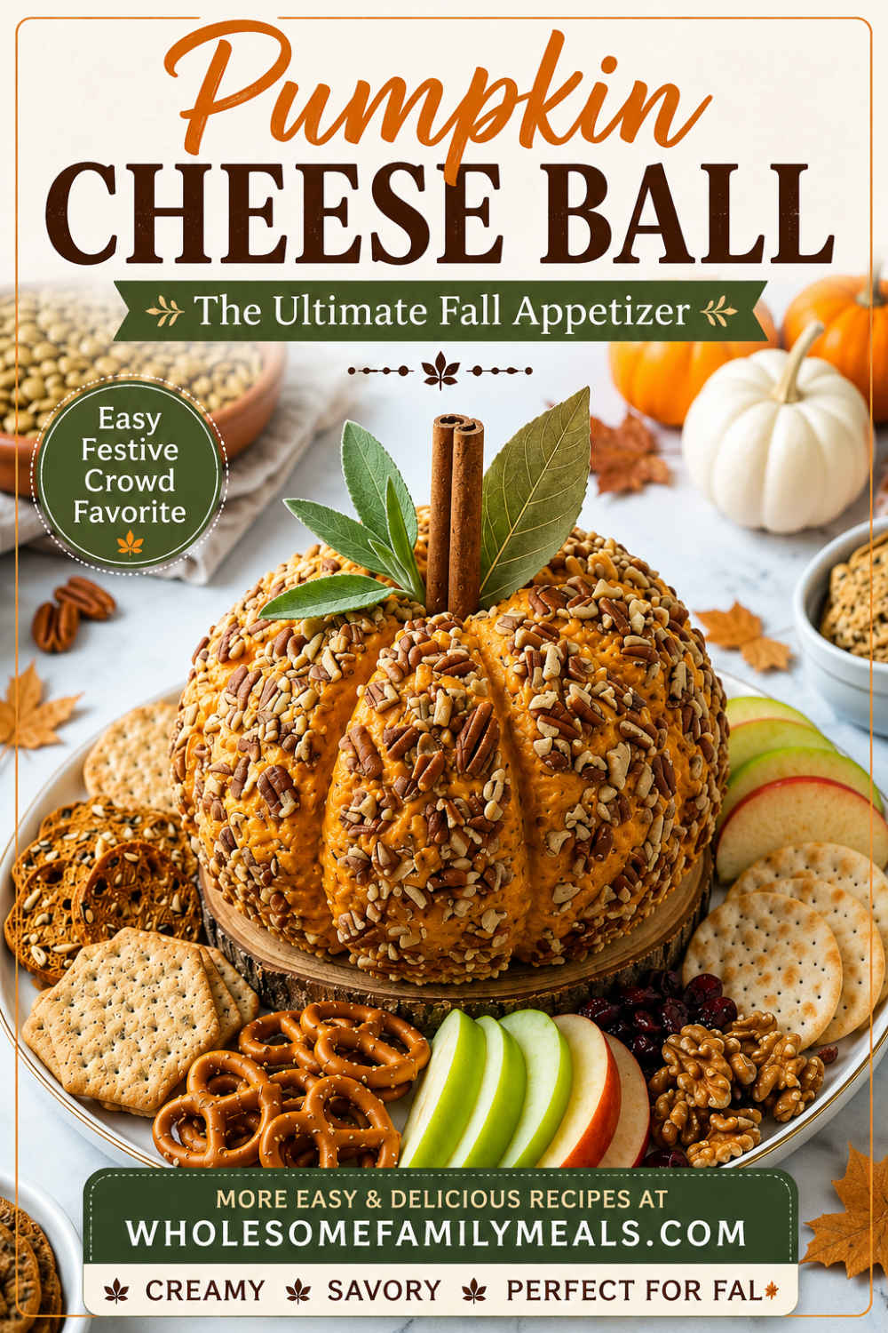 Pumpkin cheese ball made with creamy cheese and pumpkin, shaped like a pumpkin and coated with chopped pecans, served with crackers, pretzels, apple slices, and other fall appetizers.