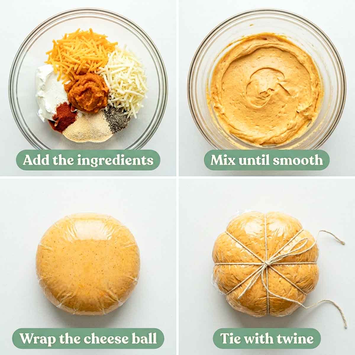 Four-step process showing the ingredients added to a glass bowl, cheese mixture mixed until smooth, cheese ball wrapped in cling wrap, and wrapped cheese ball tied with kitchen twine.
