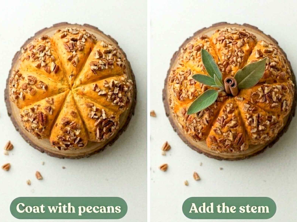 Two-step process showing a pumpkin-shaped cheese ball coated with chopped pecans and finished with a cinnamon stick, sage leaf, and bay leaf stem.