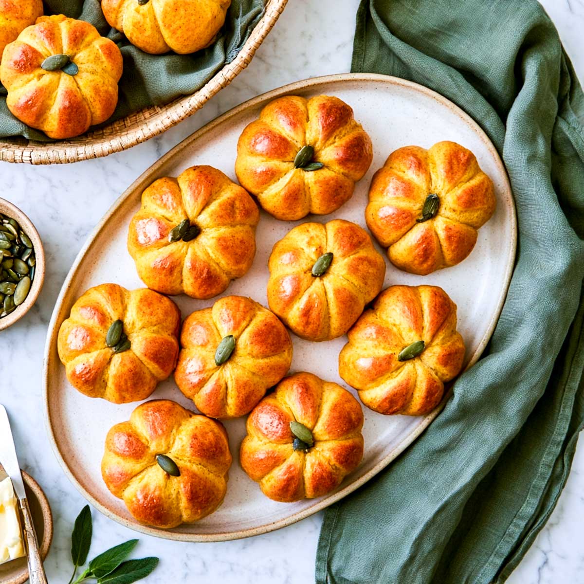 Nine golden pumpkin-shaped dinner rolls on a cream oval platter with a pepita in each center, green linen and butter alongside.