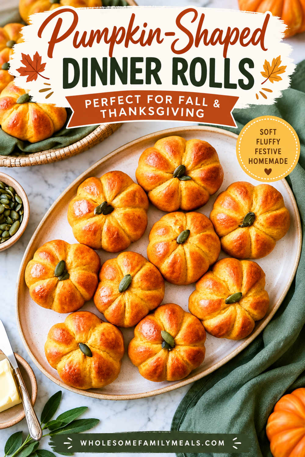 Pinterest graphic reading Pumpkin-Shaped Dinner Rolls over a platter of golden pumpkin rolls with sage and butter.