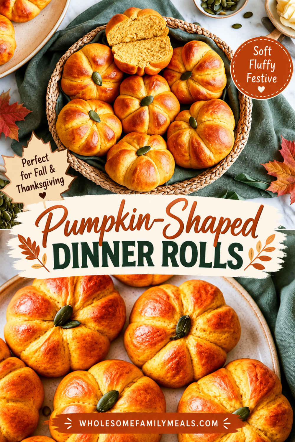 Pinterest graphic reading Pumpkin-Shaped Dinner Rolls over a basket and a platter of golden pumpkin rolls.