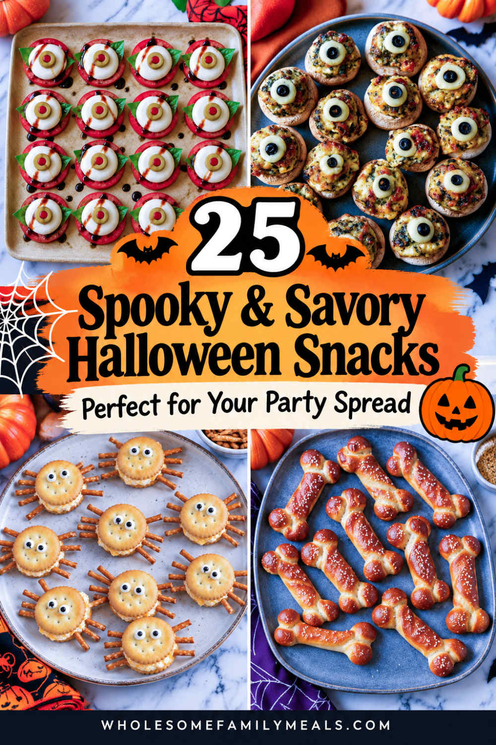 Pinterest graphic featuring four spooky Halloween snacks, including eyeball Caprese bites, stuffed mushroom eyeballs, spider crackers, and soft pretzel bones, with text reading “25 Spooky & Savory Halloween Snacks Perfect for Your Party Spread.”