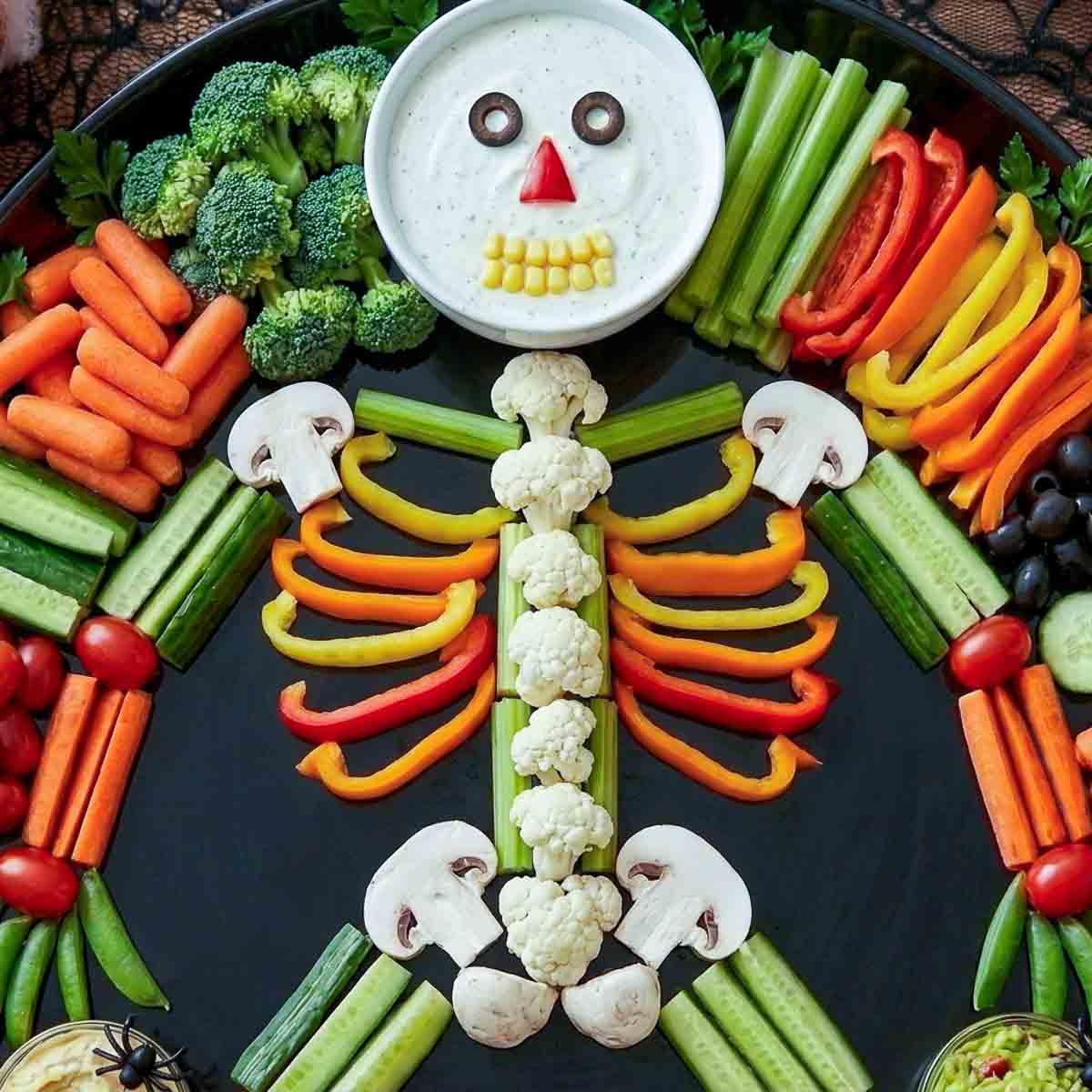 Close-up of a Halloween skeleton veggie tray with cauliflower spine, colorful bell pepper ribs, and vegetable joints.