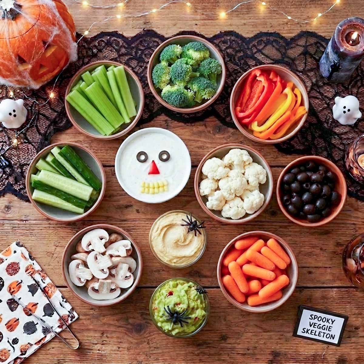 Bowls of celery, broccoli, bell pepper strips, cucumber, cauliflower, olives, mushrooms, and baby carrots with ranch, hummus, and guacamole.