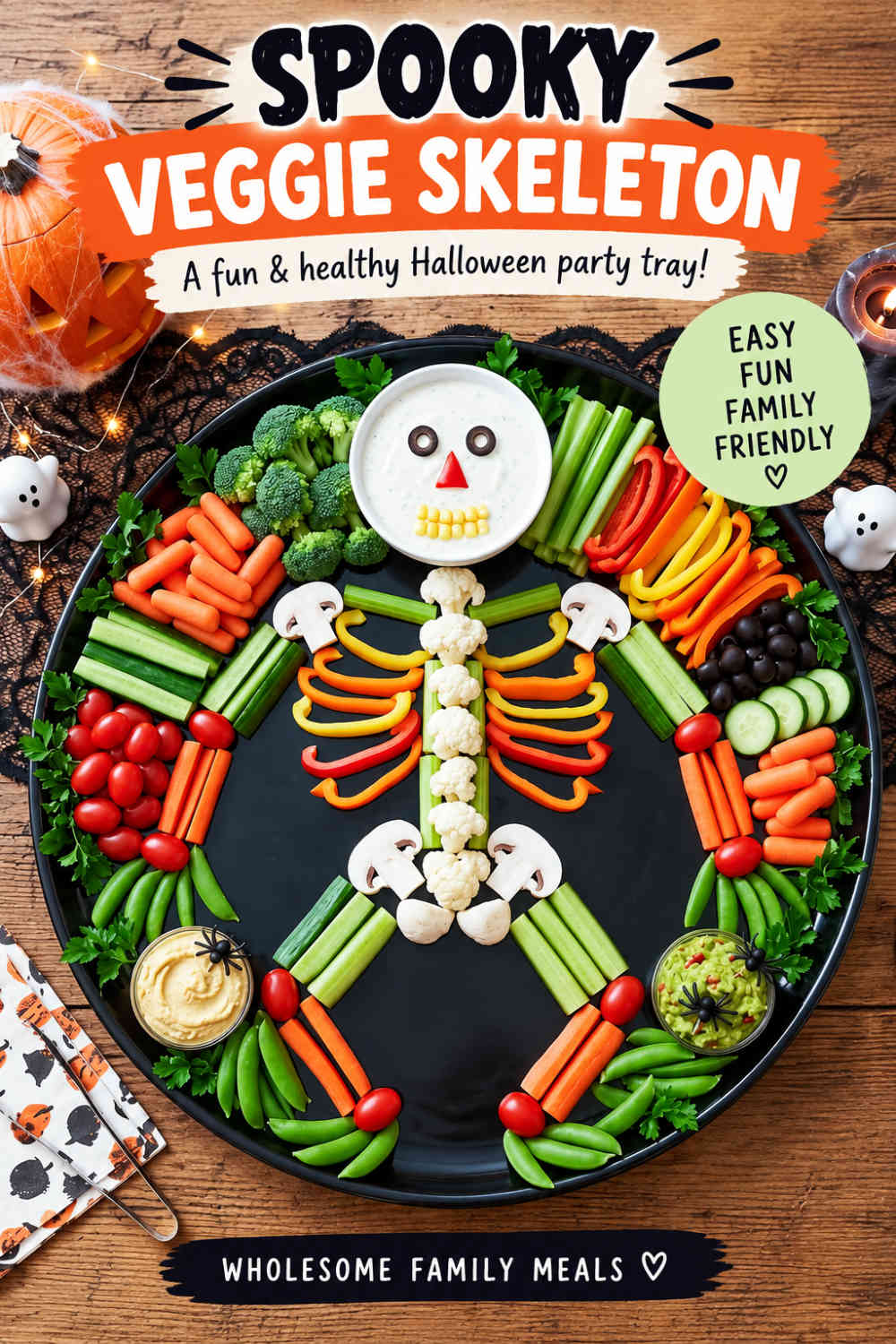 Halloween skeleton veggie tray with colorful vegetables, ranch dip skull, hummus, and guacamole arranged on a black platter.