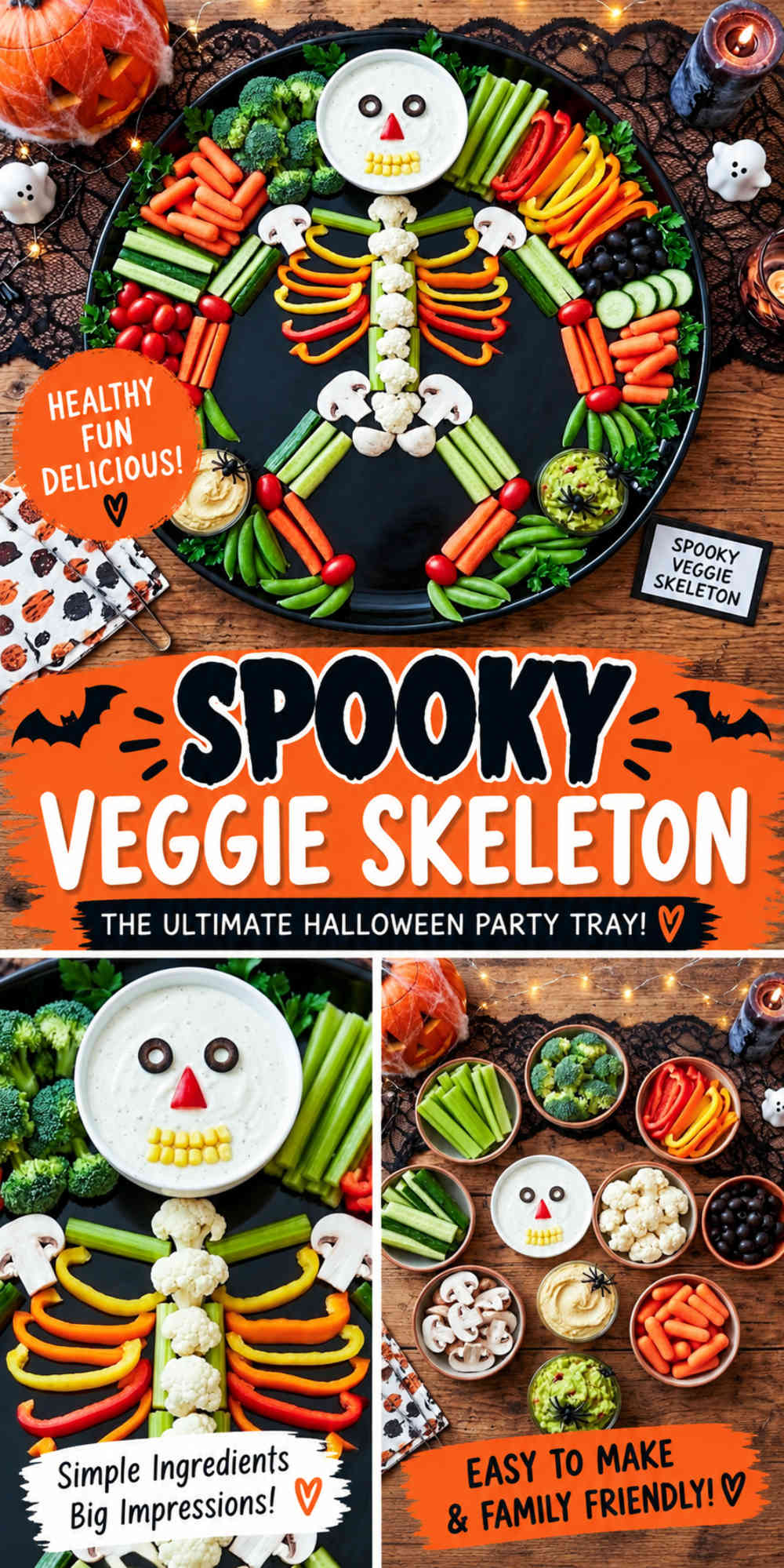 Spooky veggie skeleton arranged on a black platter with colorful vegetables, ranch dip skull, hummus, and guacamole, shown with Halloween-themed ingredient and close-up photos.
