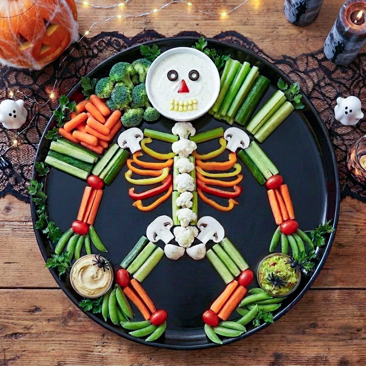 Finished skeleton vegetable tray with cucumber arms and legs, mushroom joints, and a border of grouped raw vegetables.
