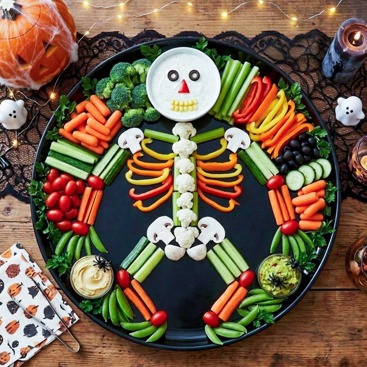 Halloween veggie tray arranged as a skeleton on a black platter with a ranch dip skull, bell pepper ribs, and cauliflower spine.