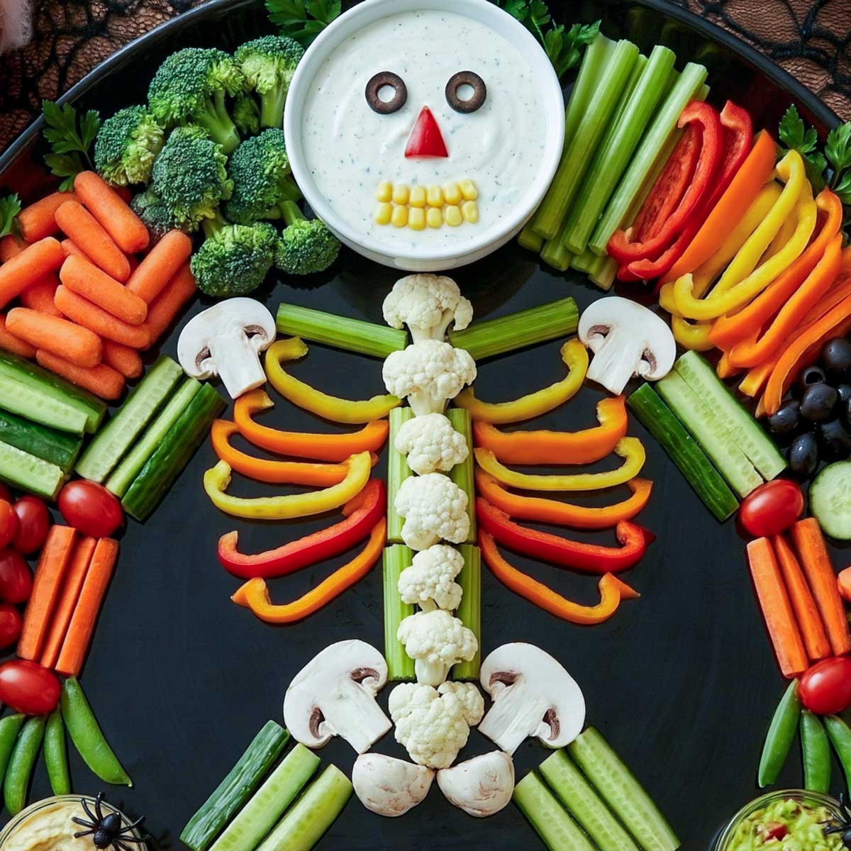 Close-up of a Halloween skeleton veggie tray with cauliflower spine, colorful bell pepper ribs, and vegetable joints.