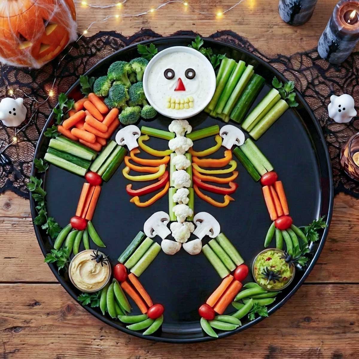 Finished skeleton vegetable tray with cucumber arms and legs, mushroom joints, and a border of grouped raw vegetables.