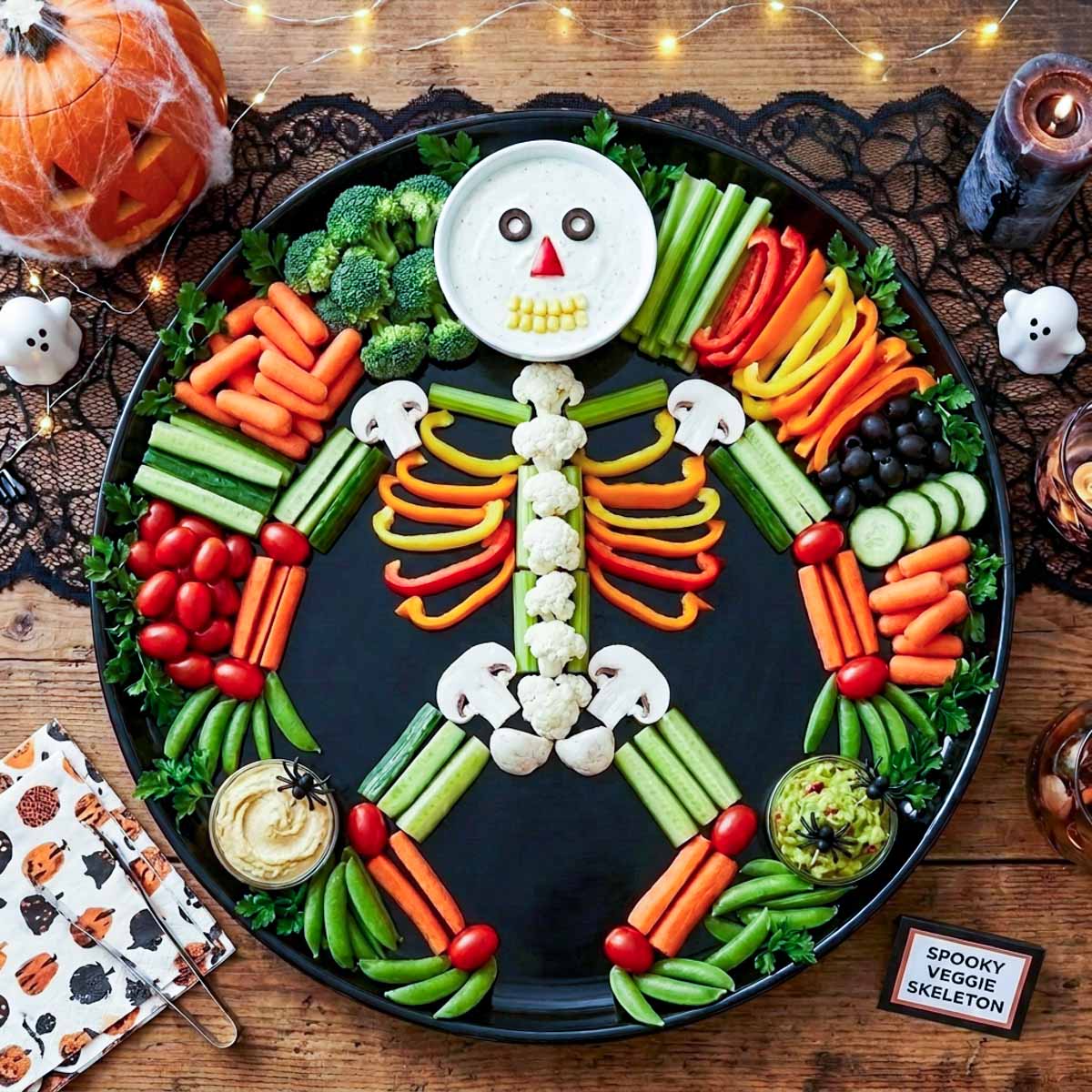 Halloween veggie tray arranged as a skeleton on a black platter with a ranch dip skull, bell pepper ribs, and cauliflower spine.