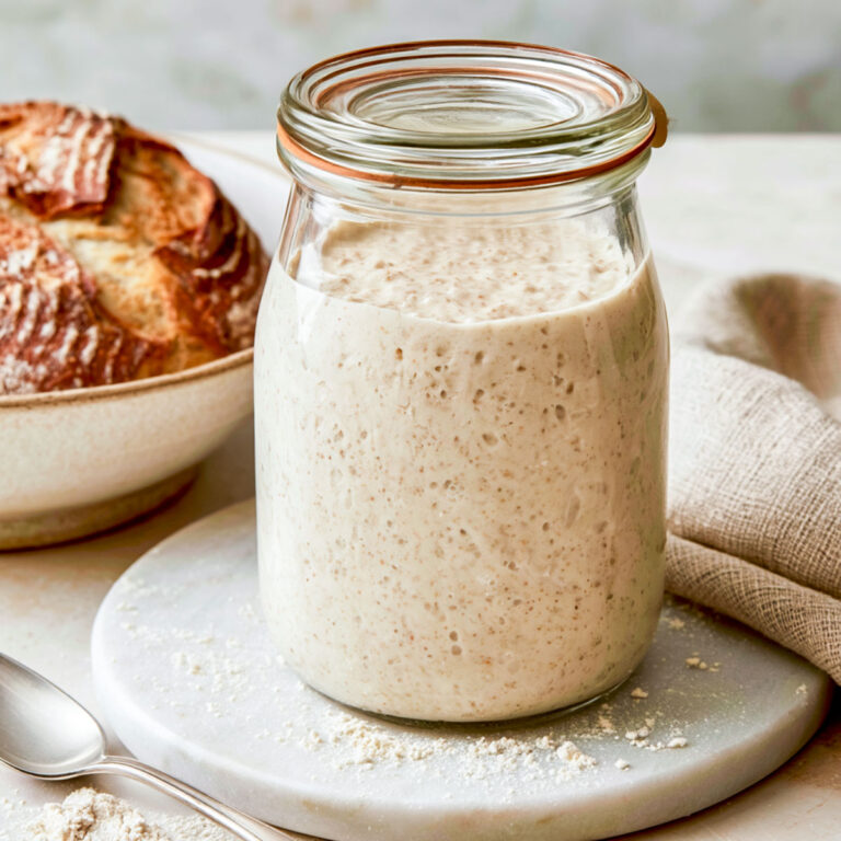 A jar of bubbly sourdough starter on a white marble surface beside a loaf of crusty sourdough bread and a linen napkin.