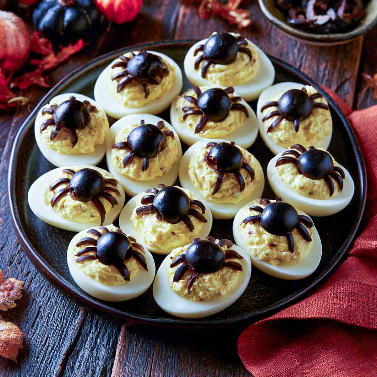Spider deviled eggs topped with black olive spiders on a dark plate.