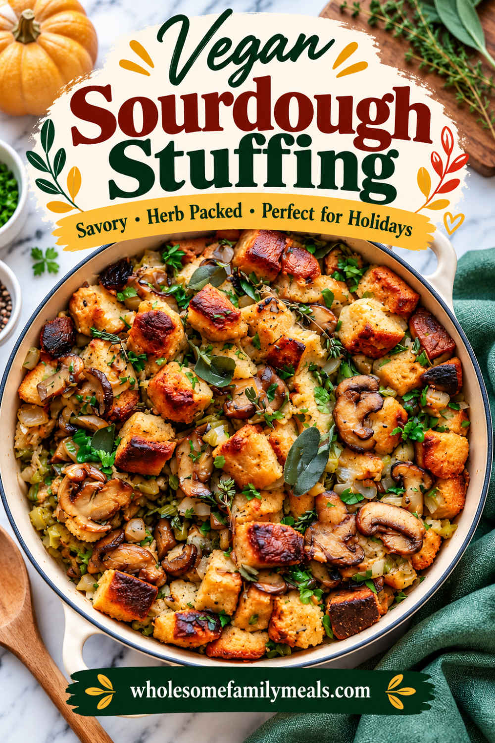 Vegan sourdough stuffing with golden toasted bread cubes, mushrooms, celery, onions, and fresh herbs in a cream-colored Dutch oven on a white marble surface.