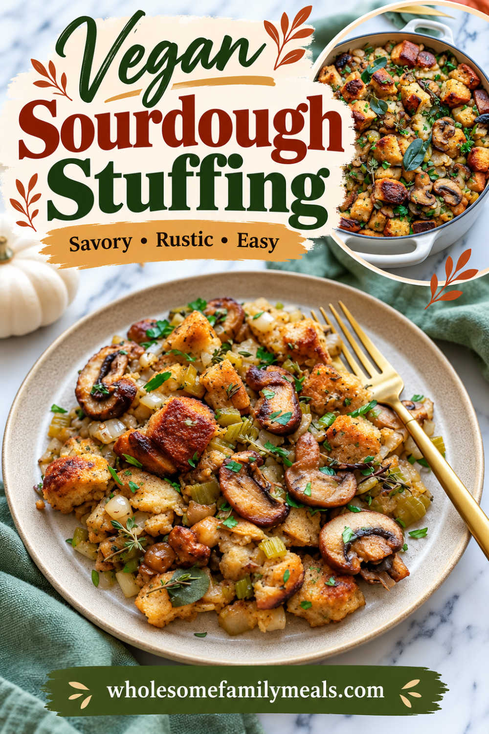 Vegan sourdough stuffing served on a plate with golden sourdough cubes, mushrooms, celery, onions, and fresh herbs, with the Dutch oven in the background.