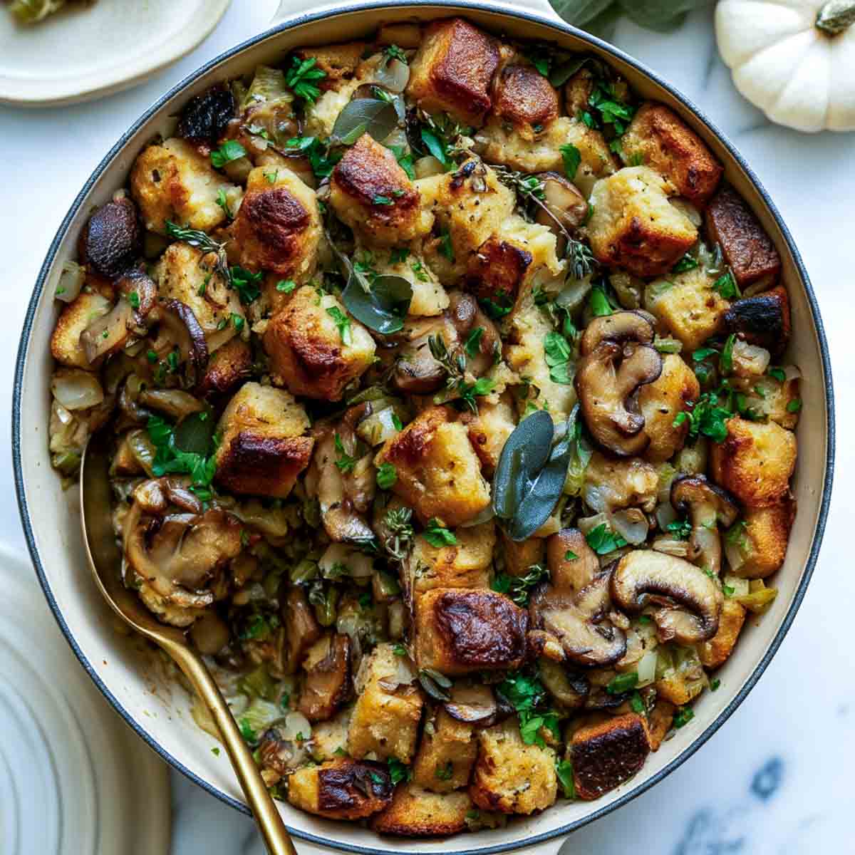 Overhead view of sourdough stuffing with mushrooms, sage, and parsley in a cream Dutch oven with a gold spoon.