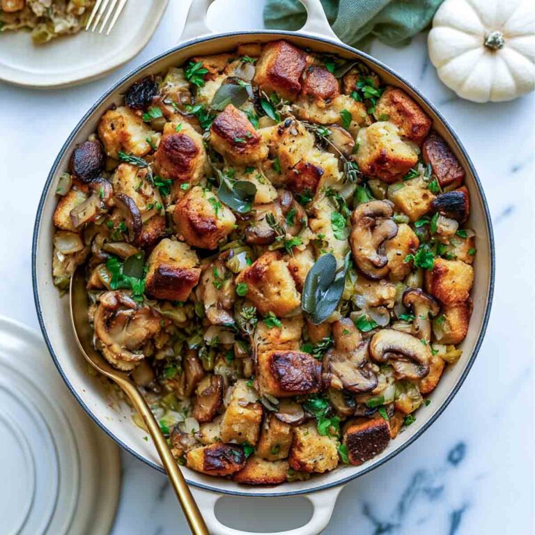 Top-down view of vegan sourdough stuffing with golden toasted bread cubes, browned mushrooms, celery, onions, parsley, sage, and thyme in a cream-colored Dutch oven on white marble.