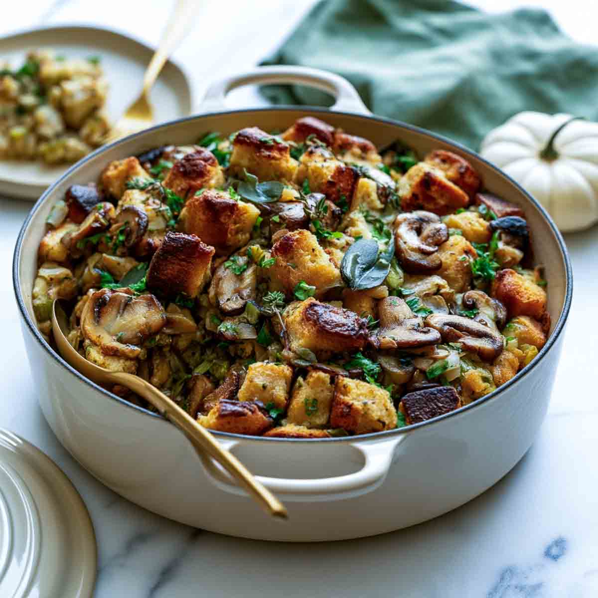 Dutch oven stuffing with sourdough, mushrooms, and herbs in a cream enameled pot, a gold spoon resting in the side.