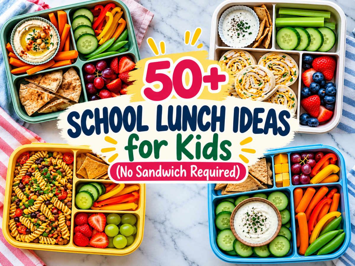 Landscape collage of four colorful kids' lunchboxes featuring hummus with vegetables and pita, chicken pinwheels, taco pasta salad, ranch dip, fruit, cheese, crackers, and fresh vegetables, with “50+ School Lunch Ideas for Kids (No Sandwich Required)” in the center.