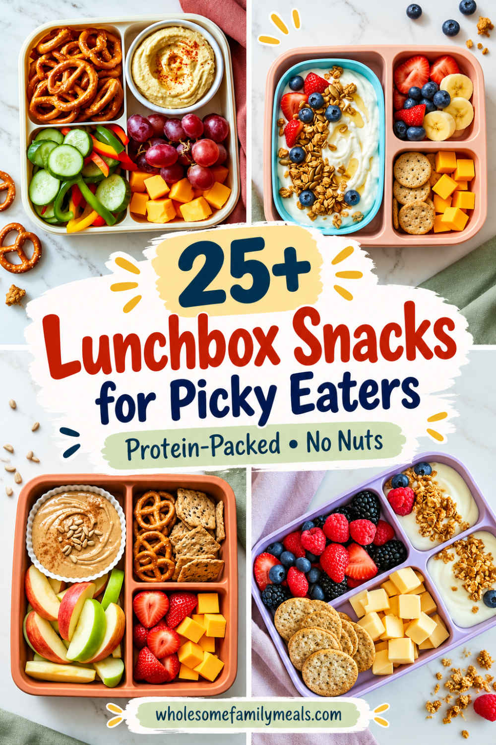 Four bento lunchboxes filled with kid-friendly snacks including pretzels, hummus, cucumbers, peppers, grapes, cheese, yogurt, fruit, granola, crackers, and berries, with “25+ Lunchbox Snacks for Picky Eaters” in the center.