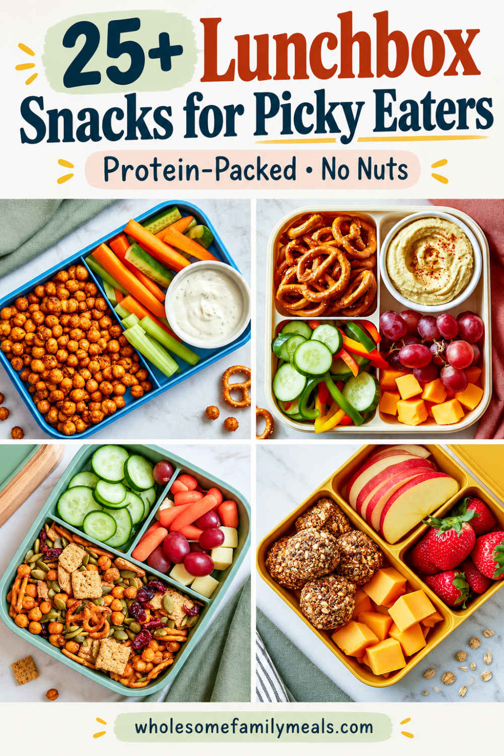 Collage of four colorful lunchboxes filled with roasted chickpeas, pretzels, hummus, vegetables, fruit, cheese, yogurt, granola, crackers, and berries, with text reading “25+ Lunchbox Snacks for Picky Eaters.”