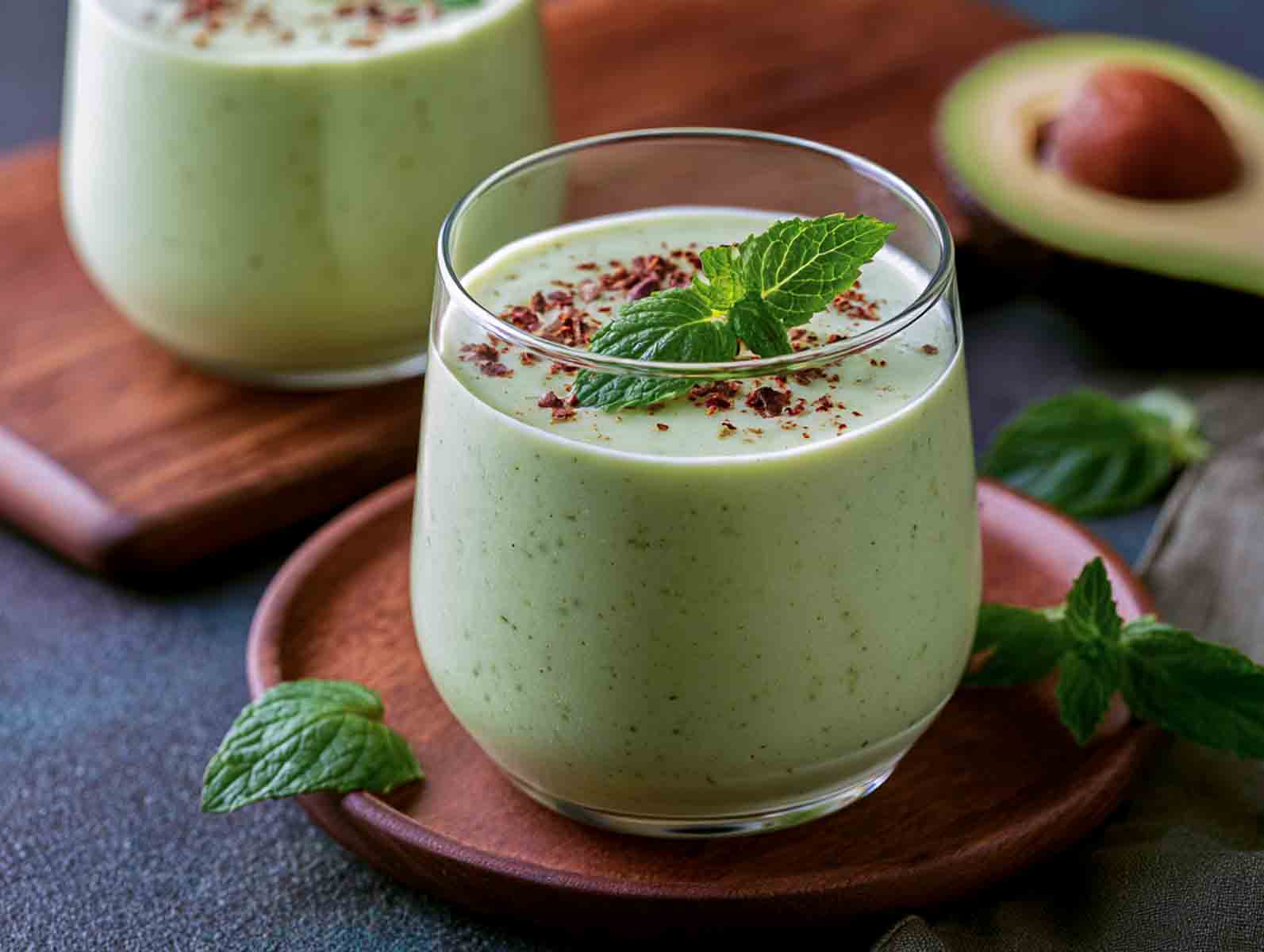 Pale green avocado mint kefir smoothie topped with cacao nibs and fresh mint, with a halved avocado behind.