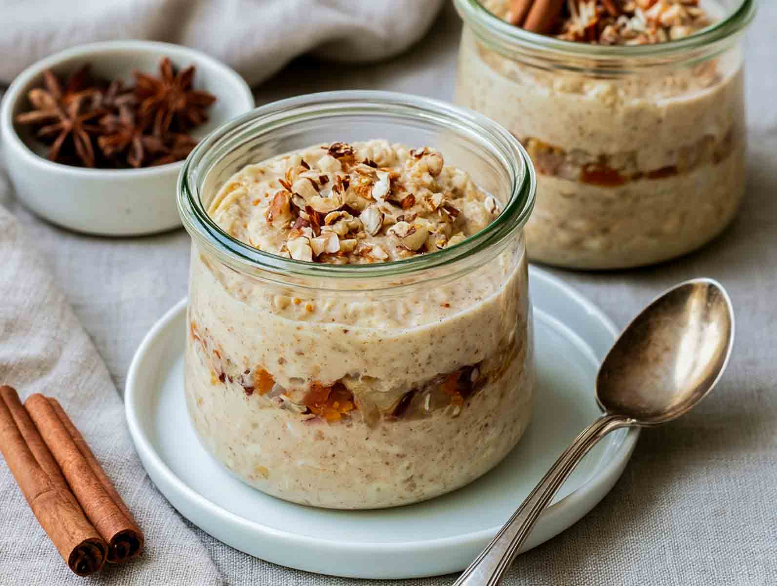 Chai kefir overnight oats in a glass jar layered with dried apricots and topped with chopped almonds, with star anise and cinnamon sticks.