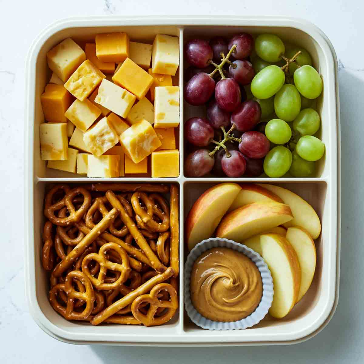Bento lunchbox with assorted cheese cubes, red and green grapes, pretzels, and sliced apples with a cup of sun butter dip.