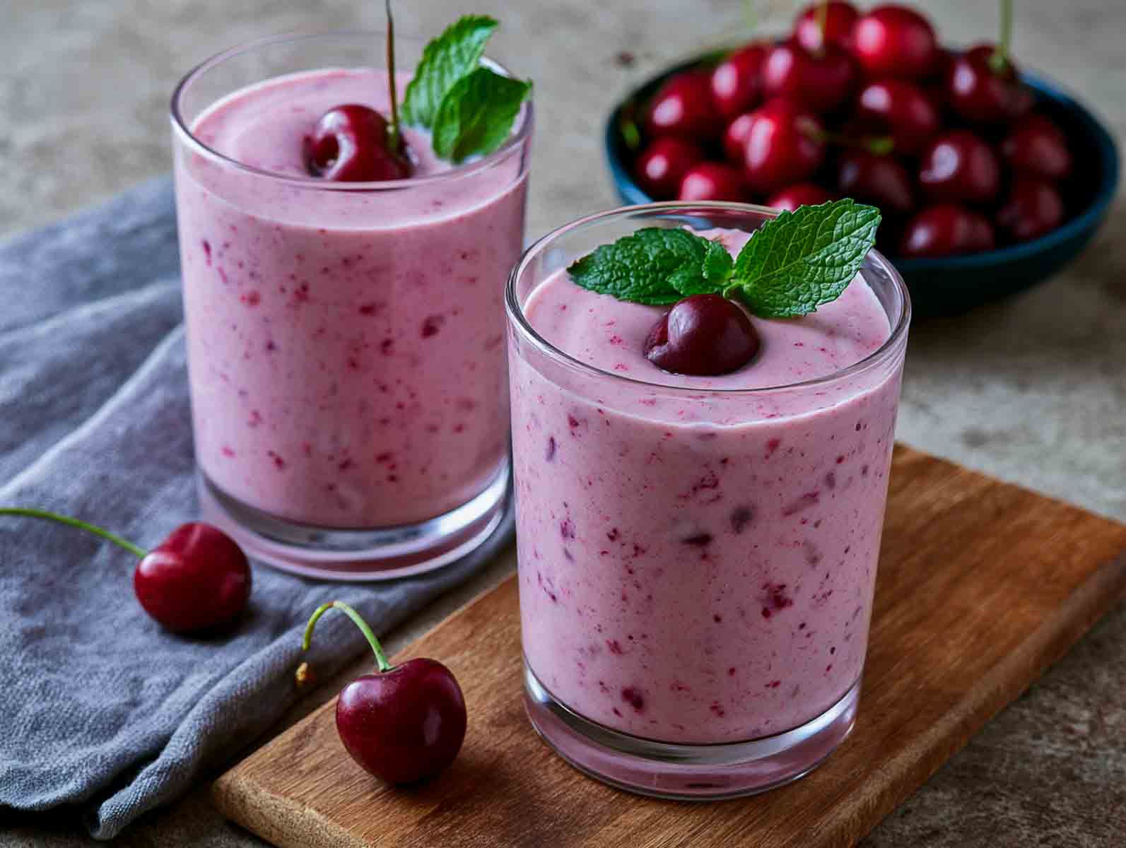 Two glasses of pink cherry kefir smoothie topped with a fresh cherry and mint, with a bowl of cherries behind.