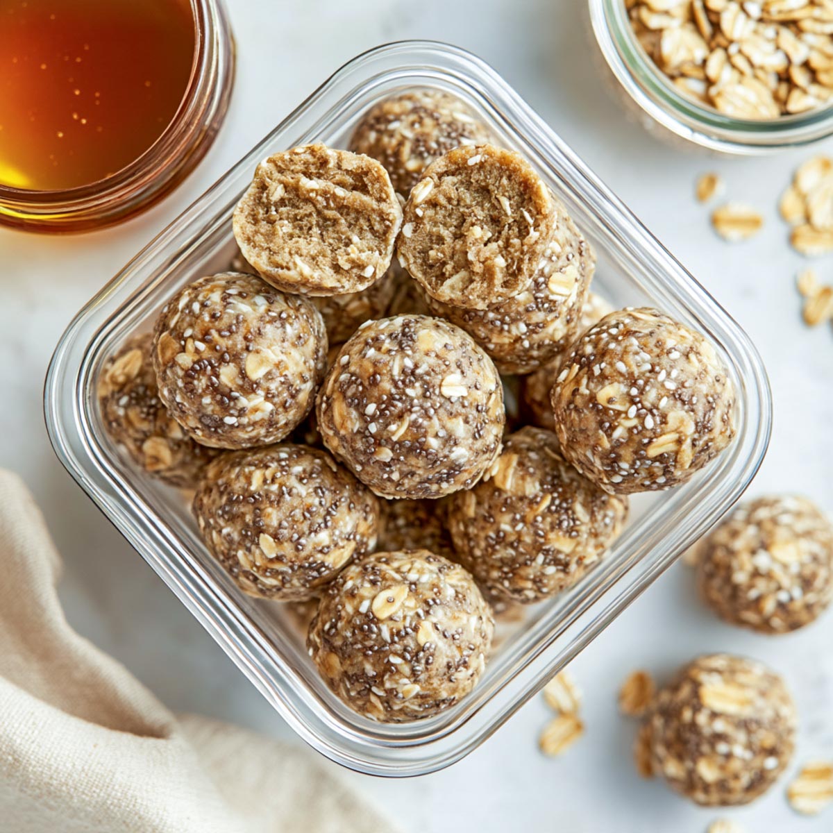 No-bake chia and flaxseed energy balls arranged in a glass container with oats and honey in small bowls on a white marble surface.