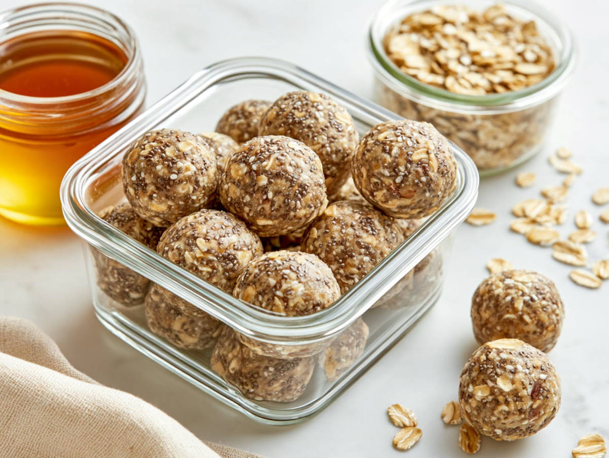 No-bake chia and flaxseed energy balls in a glass container with honey, rolled oats, and scattered oats on a white marble surface.