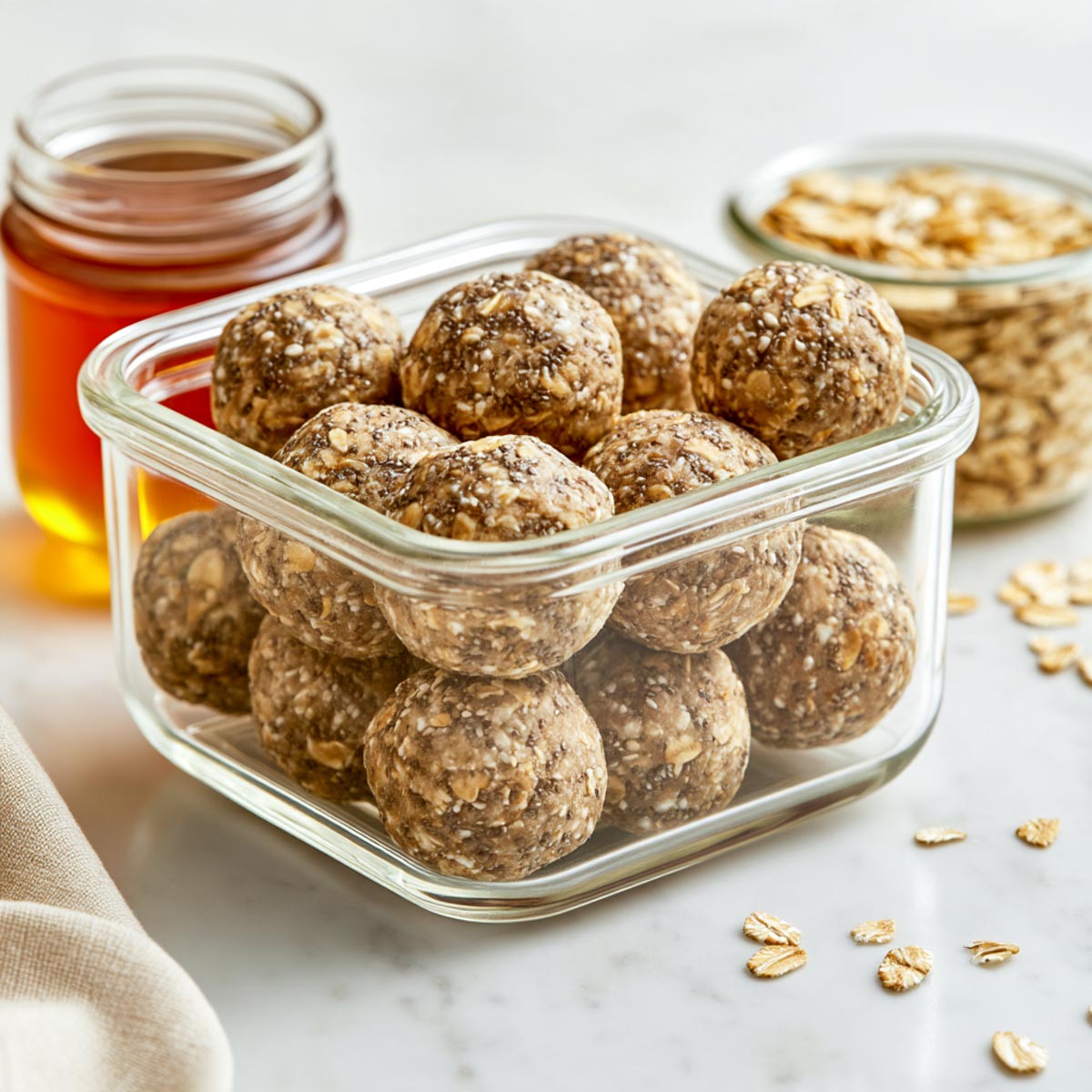 Close-up of no-bake chia and flaxseed energy balls stacked in a glass container with honey and oats in the background on white marble.