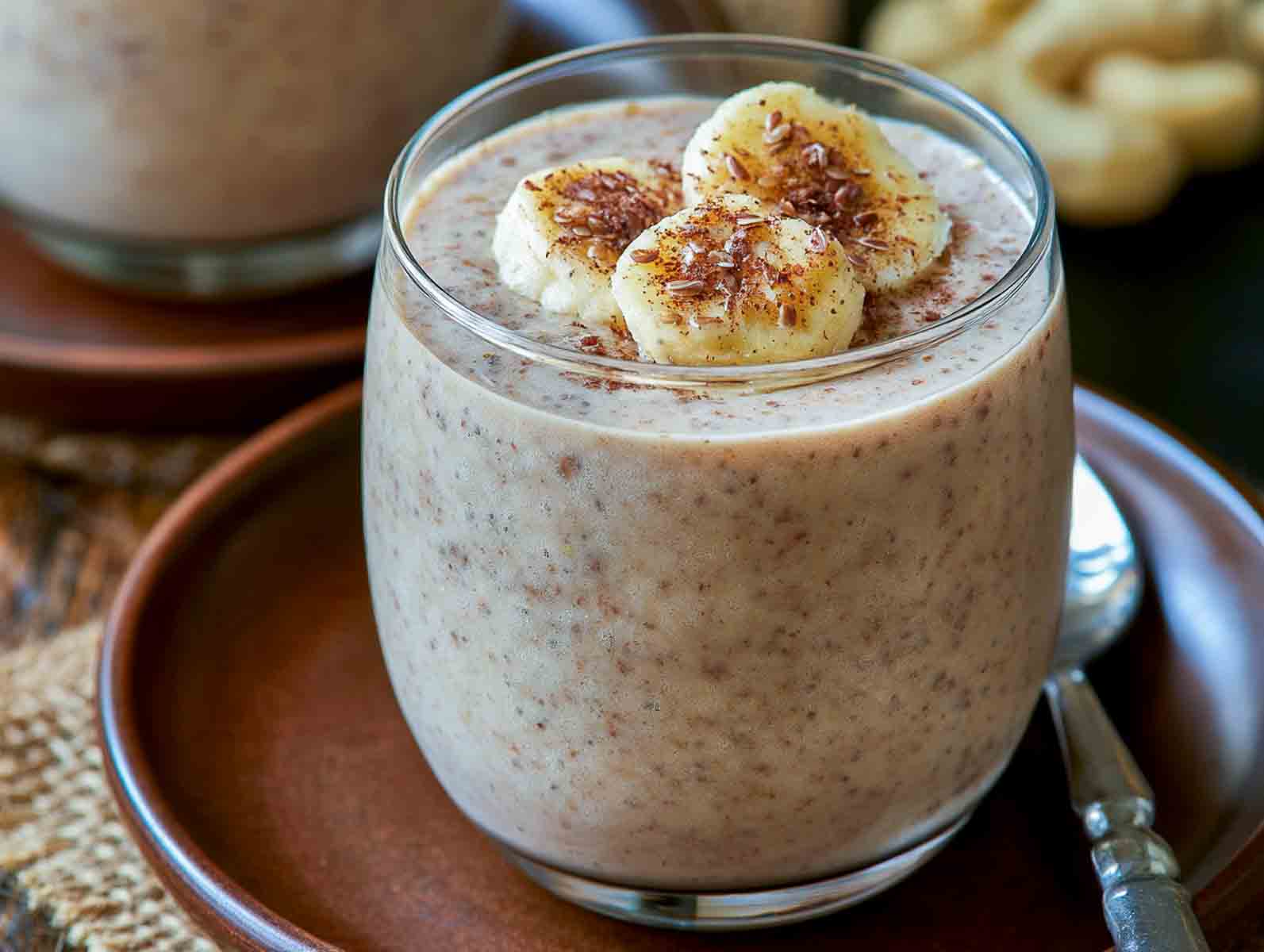 Banana chia flaxseed kefir smoothie topped with banana slices, flaxseed, and cinnamon.