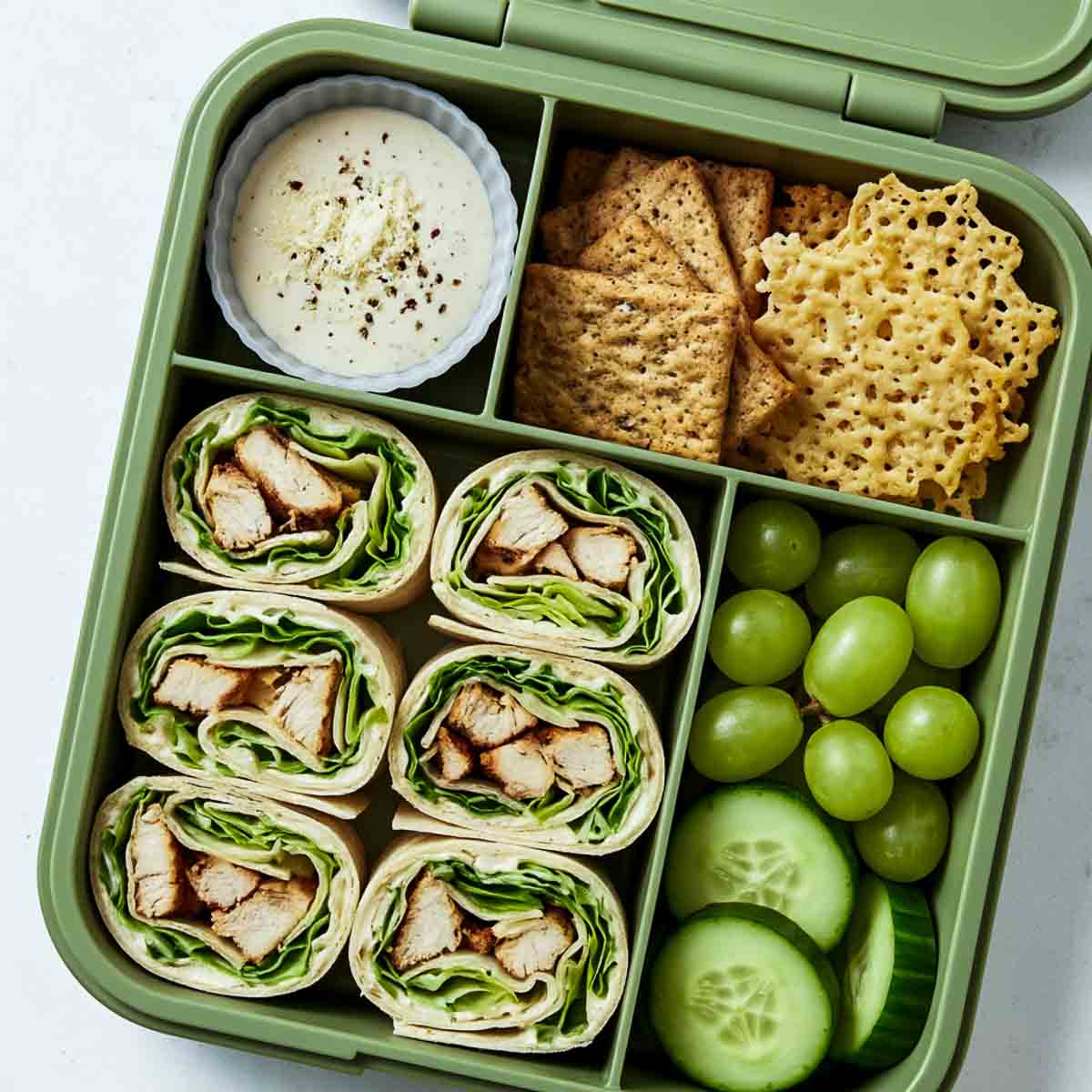 Green lunchbox filled with sliced chicken Caesar wraps, ranch dip with crackers, green grapes, and cucumber slices.