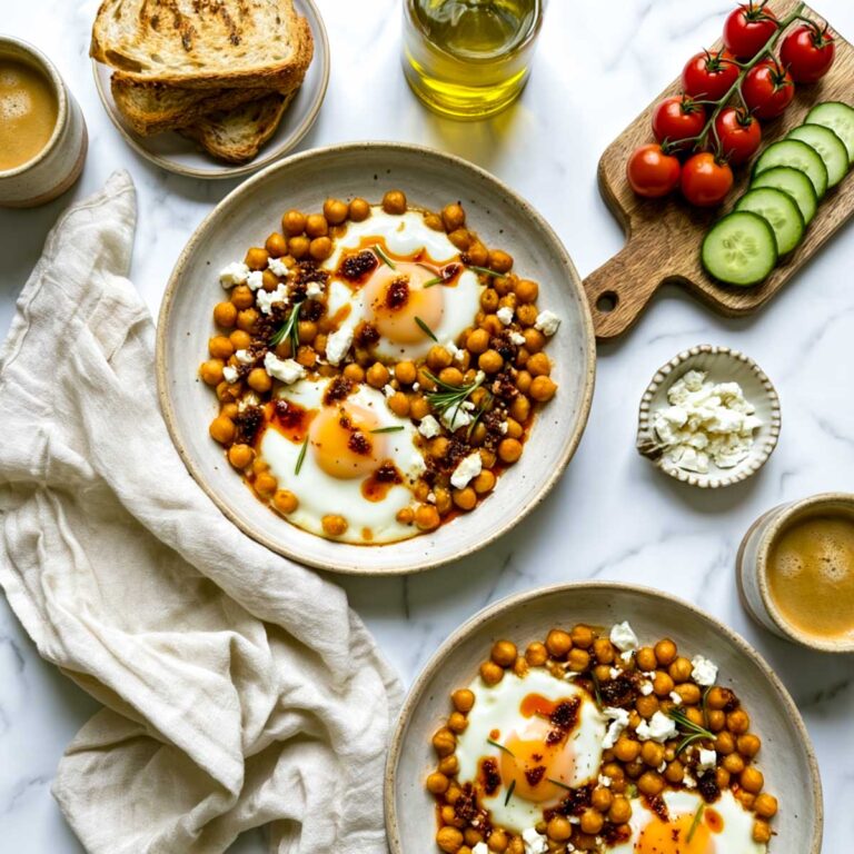 Two servings of chickpea fried eggs are plated with crispy chickpeas, fried eggs, chili oil, and feta, with toast, tomatoes, cucumber, and coffee arranged around them.