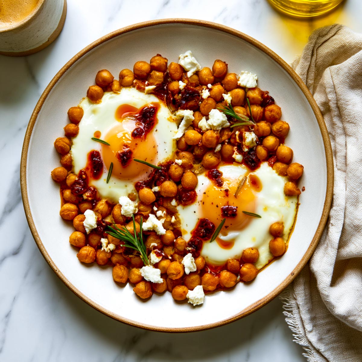 A ceramic plate holds two fried eggs nestled among golden crispy chickpeas and topped with chili oil, crumbled feta, and fresh rosemary.