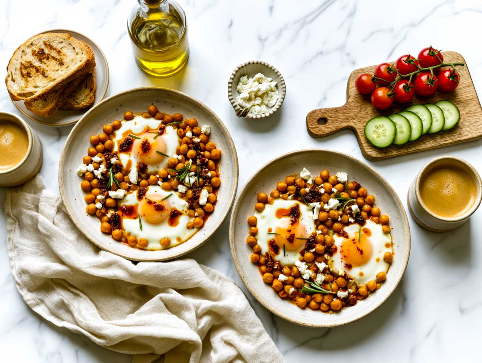 Two plates of chickpea fried eggs are arranged on white marble with toast, cherry tomatoes, cucumber, olive oil, feta, coffee, and a linen napkin.